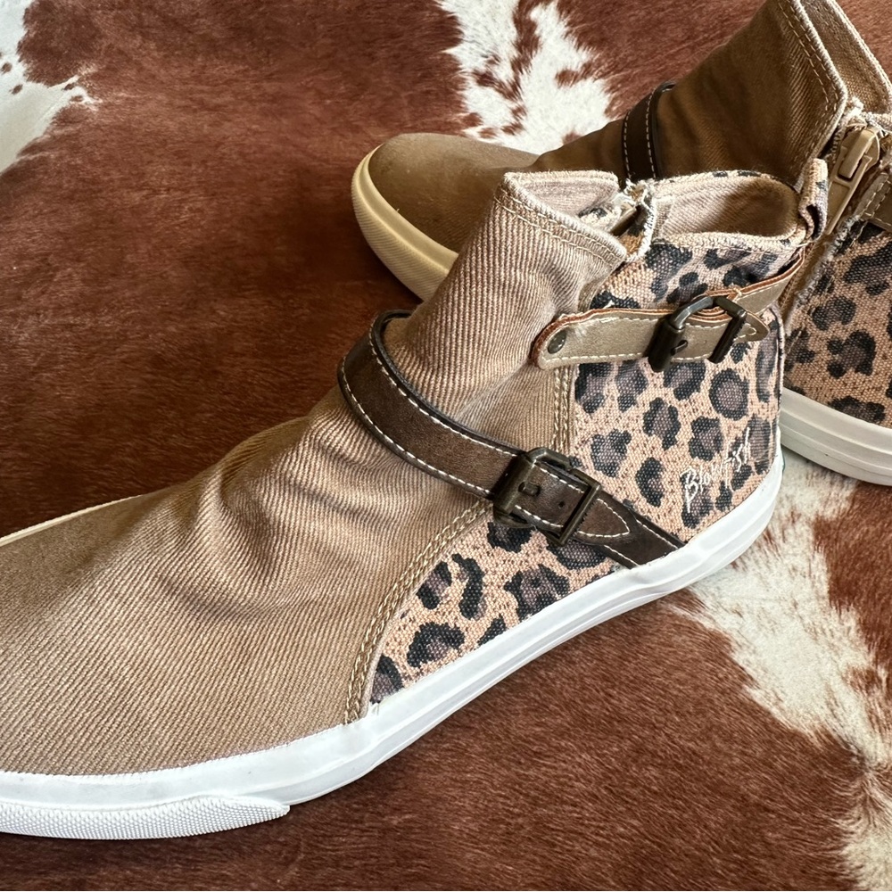 Blowfish Tan and Brown High-Top Sneakers with Leopard Accents